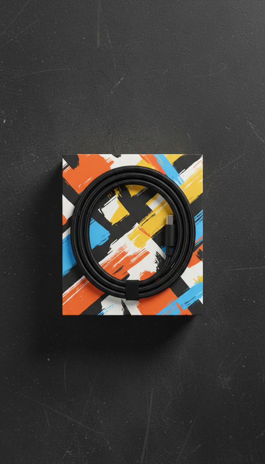 Asphalt Black charging cable with artist-collab packaging