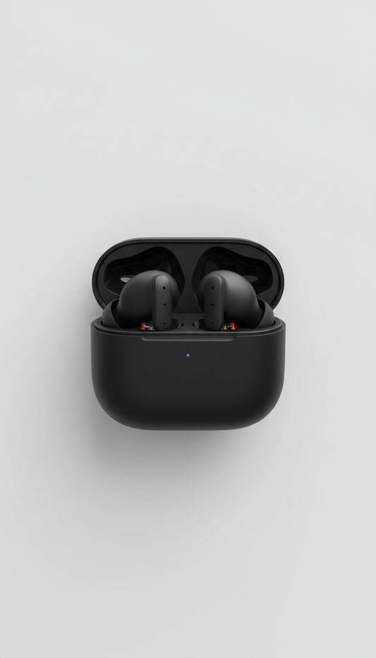Compact wireless earbuds in shadow black