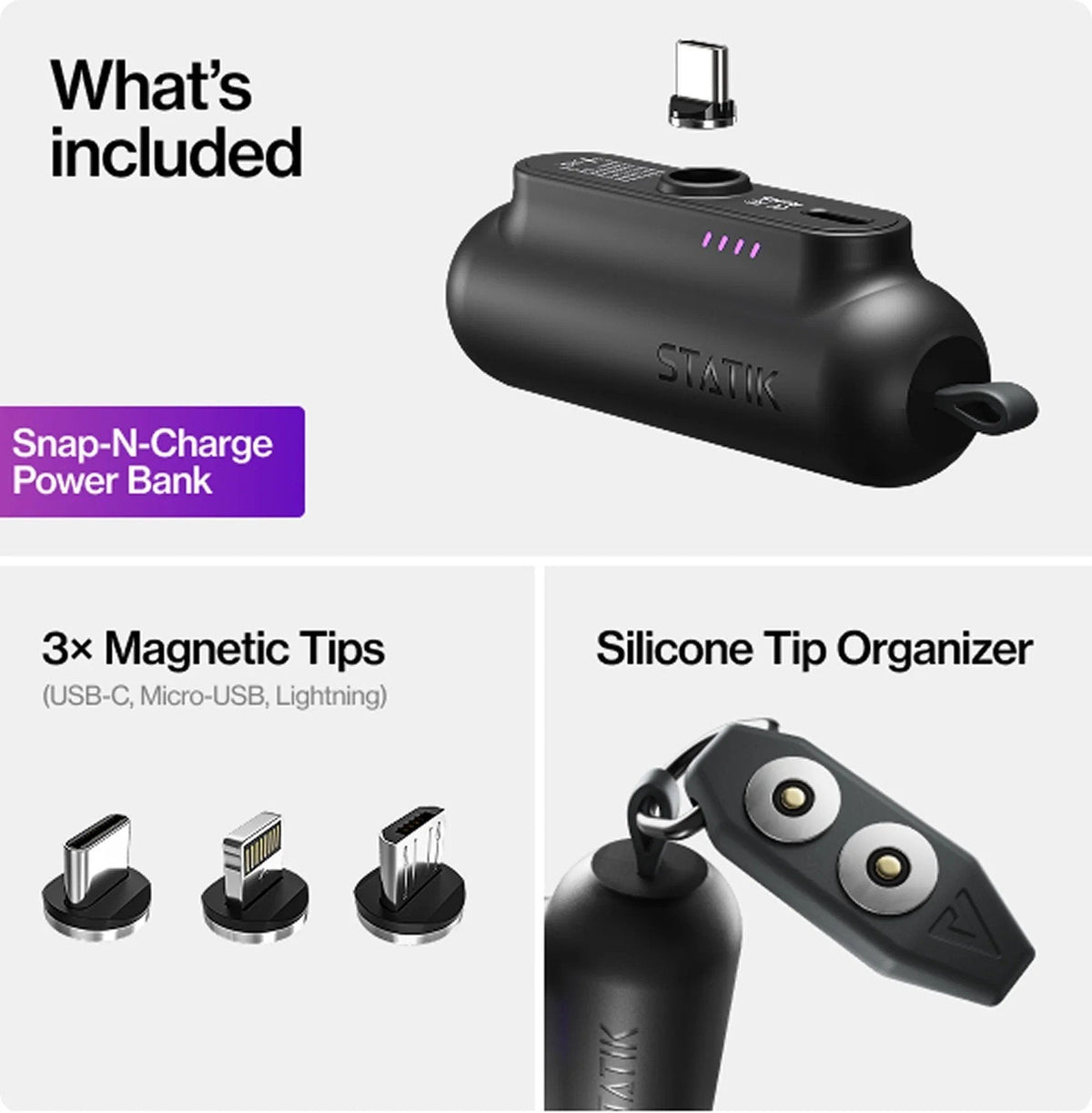 Statik Snap-N-Charge Power Bank 3200mAh - Universal USB-C, Lightning & Micro USB Magnetic Tips V3 Black