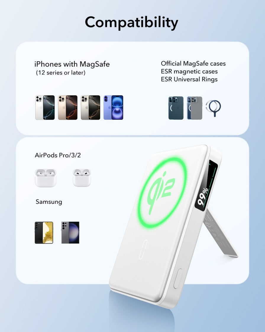 ESR Power Bank 10000mAh Qi2 MagSlim Kickstand White