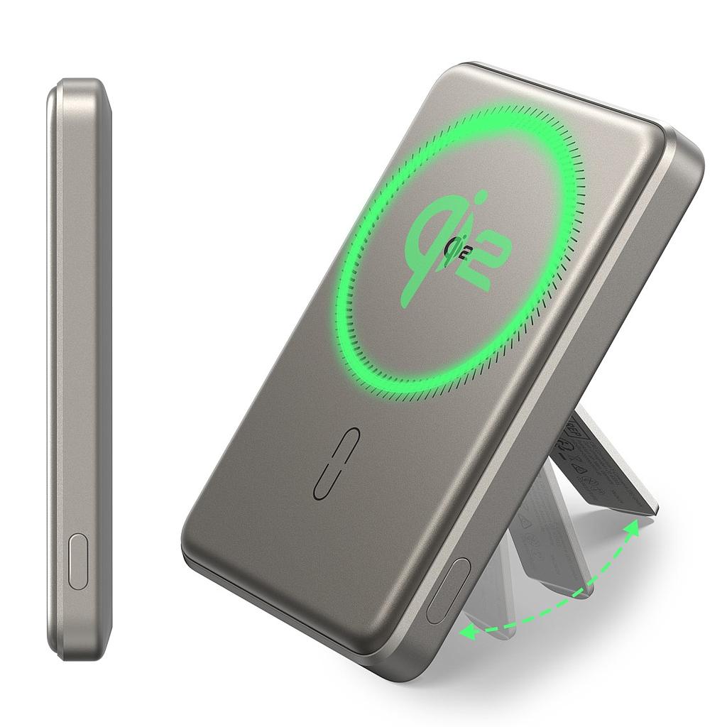 ESR Power Bank 5000mAh Qi2 MagSlim Kickstand Titanium [V] - بطارية متنقلة ماغ سيف ستاند نحيفة + شحن سماعة ابل - منفذ تايب سي - سعة 5000 ملي أمبير - كفالة 24 شهر