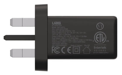 UAG Wall Charger SRGE 65W 3Port UK - Black [V] - بلاك شاحن حائط - فتحتين تايب سي - فتحة يو اس بي - قوة 65 واط - كفالة 12 شهر