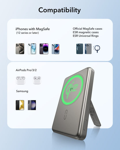 ESR Power Bank 5000mAh Qi2 MagSlim Kickstand Titanium [V] - بطارية متنقلة ماغ سيف ستاند نحيفة + شحن سماعة ابل - منفذ تايب سي - سعة 5000 ملي أمبير - كفالة 24 شهر