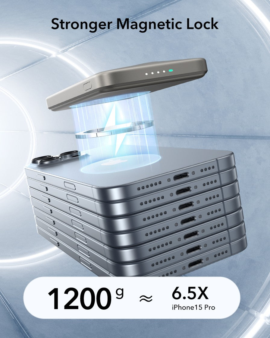 ESR Power Bank 5000mAh Qi2 MagSlim Kickstand Titanium [V] - بطارية متنقلة ماغ سيف ستاند نحيفة + شحن سماعة ابل - منفذ تايب سي - سعة 5000 ملي أمبير - كفالة 24 شهر