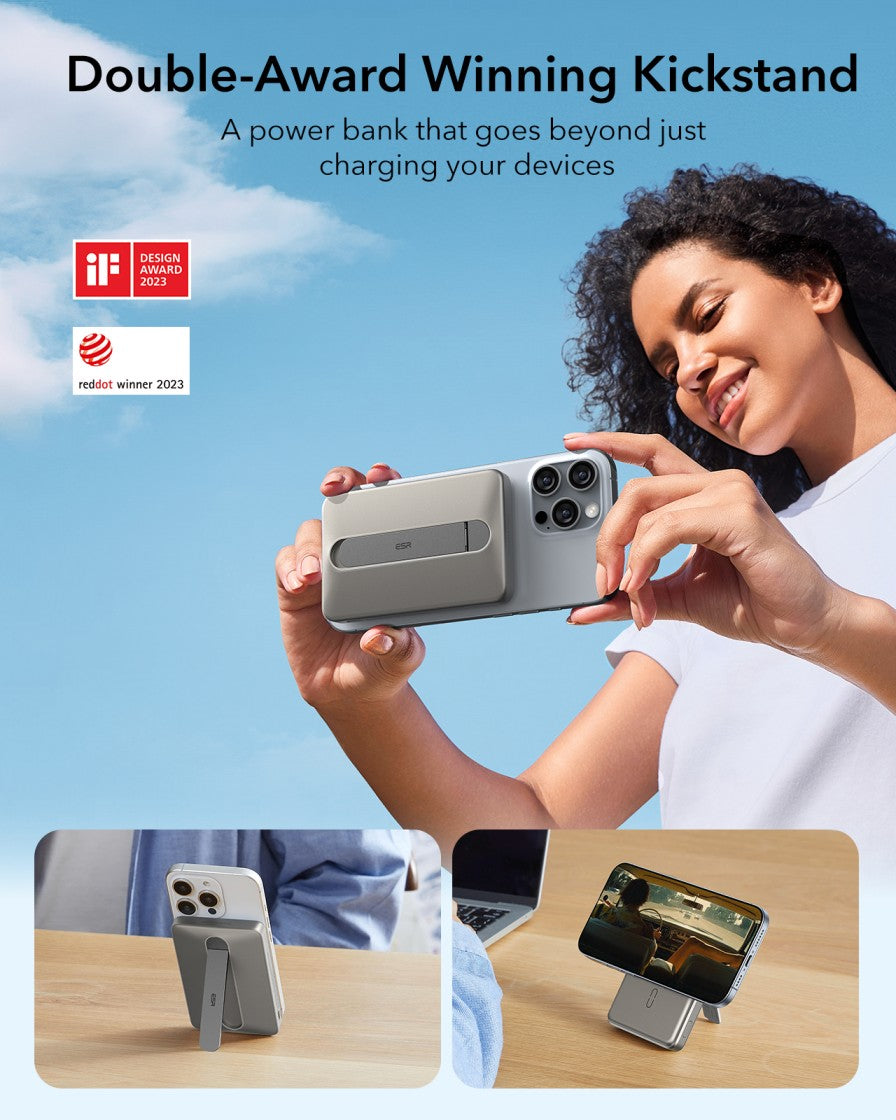 ESR Power Bank 5000mAh Qi2 MagSlim Kickstand Titanium [V] - بطارية متنقلة ماغ سيف ستاند نحيفة + شحن سماعة ابل - منفذ تايب سي - سعة 5000 ملي أمبير - كفالة 24 شهر