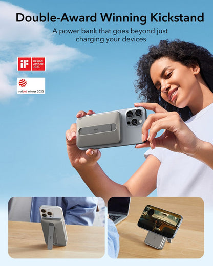 ESR Power Bank 5000mAh Qi2 MagSlim Kickstand Titanium [V] - بطارية متنقلة ماغ سيف ستاند نحيفة + شحن سماعة ابل - منفذ تايب سي - سعة 5000 ملي أمبير - كفالة 24 شهر