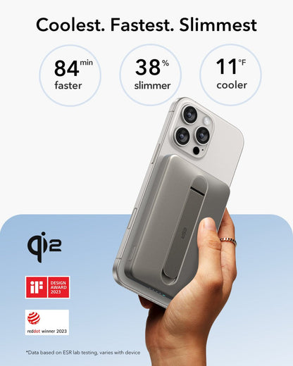 ESR Power Bank 5000mAh Qi2 MagSlim Kickstand Titanium [V] - بطارية متنقلة ماغ سيف ستاند نحيفة + شحن سماعة ابل - منفذ تايب سي - سعة 5000 ملي أمبير - كفالة 24 شهر