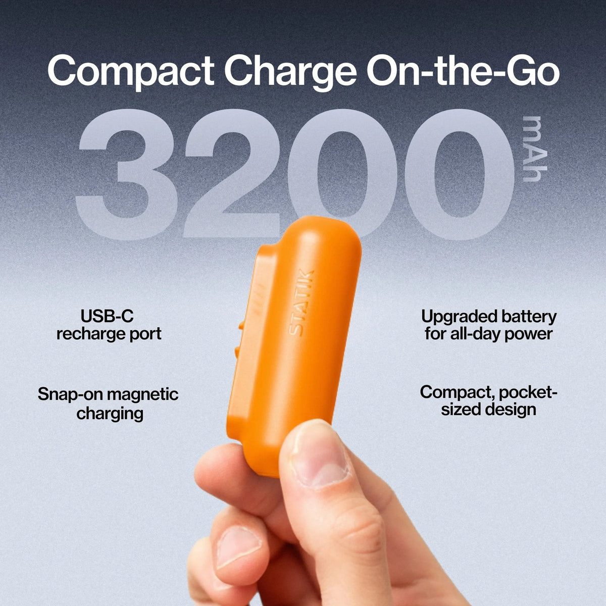 Statik Snap-N-Charge Power Bank 3200mAh - Universal USB-C, Lightning & Micro USB Magnetic Tips V3 Orange