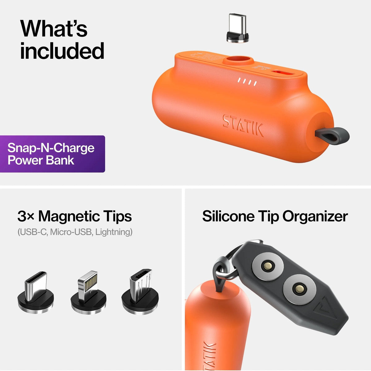 Statik Snap-N-Charge Power Bank 3200mAh - Universal USB-C, Lightning & Micro USB Magnetic Tips V3 Orange
