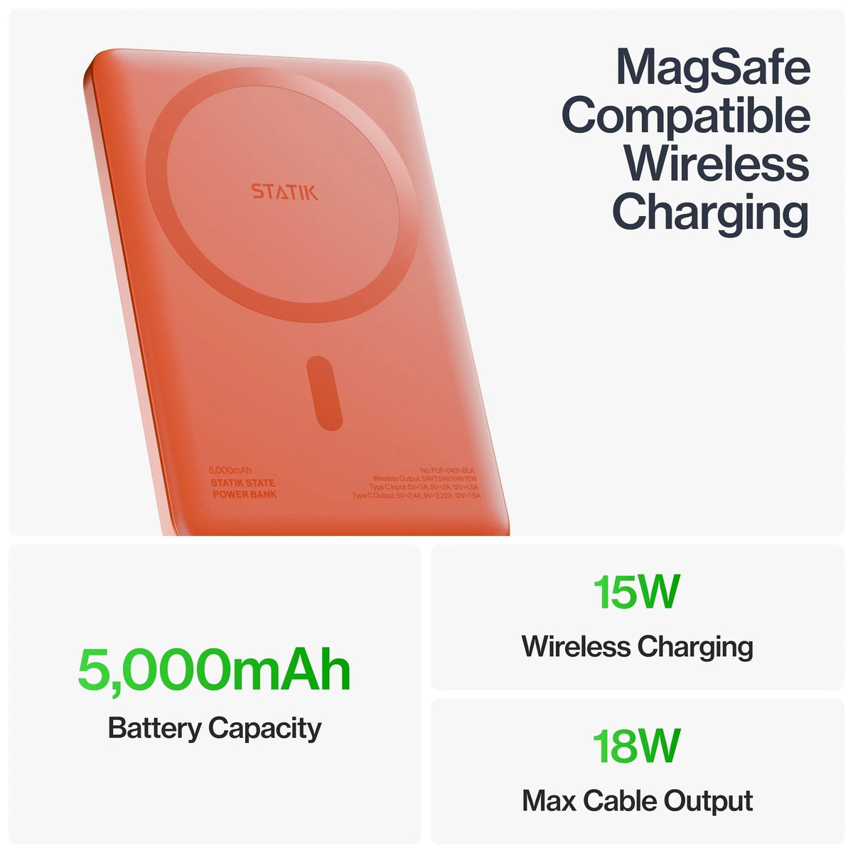 Statik MagSafe Power Bank with Semi-Solid Electrolyte Technology V2 5000mAh Orange